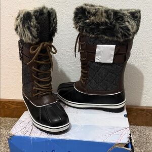 Women's Winter Boots with Faux Fur Trim - Black and Brown